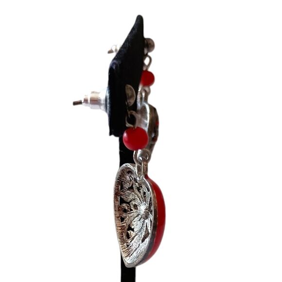 Red Enameled Heart Dangle Earrings‎ Romantic Bohemian Pierced Valentines PATINA. - Picture 5 of 14